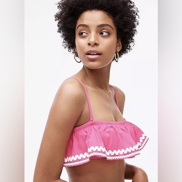 J Crew Pink Ruffle Rickrack Halter Strapless Low Waist Bikini NWT vacation swim - Picture 2 of 7